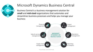 Microsoft Dynamics Business Central
Business Central is a business management solution for
small and mid-sized organizations that automates and
streamlines business processes and helps you manage your
business
Presented By. Zuhad Mahmood
 