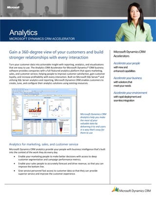 Analytics
MICROSOFT DYNAMICS CRM ACCELERATOR



Gain a 360-degree view of your customers and build                                                Microsoft Dynamics CRM
stronger relationships with every interaction                                                     Accelerators

Turn your customer data into actionable insight with reporting, analytics, and visualizations     Accelerate your people
that are easy to use. The Analytics CRM Accelerator for Microsoft Dynamics® CRM business          with new and
software provides companies with a full-featured analytics platform that spans marketing,         enhanced capabilities
sales, and customer service, helping people to improve customer satisfaction, gain customer
loyalty, and increase profitability with every interaction. Built on Microsoft SQL Server® and
                                                                                                  Accelerate your business
utilizing SQL Server analytics and reporting, Microsoft Dynamics CRM enables customers to
create, tune, and configure their analytics solutions using existing resources.                   with solutions that
                                                                                                  meet your needs

                                                                                                  Accelerate your environment
                                                                                                  with rapid deployment and
                                                                                                  seamless integration



                                                                     Microsoft Dynamics CRM
                                                                     Analytics help you make
                                                                     the most of your
                                                                     valuable data by
                                                                     delivering it to end users
                                                                     in a way that’s easy for
                                                                     them to use



Analytics for marketing, sales, and customer service
Microsoft Dynamics CRM analytics provide your people with business intelligence that’s built
into the context of the work they do every day.
        Enable your marketing people to make better decisions with access to deep
         customer segmentation and campaign performance metrics.
        Enable your sales people to accurately forecast and drive revenue, so that you can
         improve the bottom line.
        Give service personnel fast access to customer data so that they can provide
         superior service and improve the customer experience.
 
