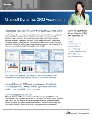 Microsoft Dynamics CRM Accelerators

Accelerate your business with Microsoft Dynamics CRM                                                   Expand the capabilities of
                                                                                                       Microsoft Dynamics CRM
Accelerate expanded business scenarios and return on investment without the costs typically
associated with custom development and software acquisitions by using Microsoft
                                                                                                       with accelerators for:
Dynamics© CRM Accelerators. Streamlined deployment and seamless integration with                       Analytics
Microsoft Dynamics CRM help you get up and running quickly–and without adding undue
                                                                                                       eService
complexity to your IT environment. For organizations that want further customization, CRM
Accelerators include full source code and are developed in accordance with the standards set           Event Management
out in the Microsoft Dynamics CRM Software Developer Kit (SDK).                                        Enterprise Search
                                                                                                       Sales Methodology
                                                                                                       Extended Sales Forecasting
                                                                                                       CRM Notifications
                                                                                                       Workforce Productivity




With solutions across marketing, sales, and service, CRM Accelerators help you meet
changing business needs while leaving the way open for future growth and change



Microsoft Dynamics CRM Accelerators broaden the value of
Microsoft Dynamics CRM by seamlessly providing additional
features and capabilities at no extra cost

ABOUT MICROSOFT DYNAMICS CRM
Microsoft Dynamics CRM is a full customer relationship management (CRM) suite with
marketing, sales, and service capabilities that are fast, familiar, and flexible, helping businesses
of all sizes to find, win, and grow profitable customer relationships. Delivered through a
network of channel partners providing specialized services, Microsoft Dynamics CRM works
with familiar Microsoft® products to streamline processes across an entire business.
 