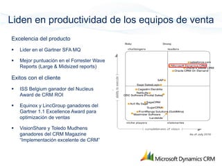 Liden en productividad de los equipos de venta
Excelencia del producto
   Lider en el Gartner SFA MQ

   Mejor puntuación en el Forrester Wave
    Reports (Large & Midsized reports)

Exitos con el cliente
   ISS Belgium ganador del Nucleus
    Award de CRM ROI

   Equinox y LincGroup ganadores del
    Gartner 1.1 Excellence Award para
    optimización de ventas

   VisionShare y Toledo Mudhens
    ganadores del CRM Magazine
    “Implementación excelente de CRM”
 