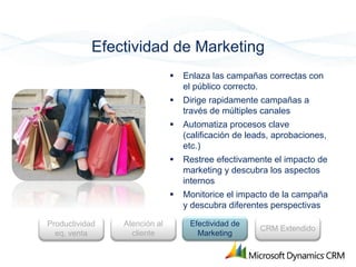 Efectividad de Marketing
                                 Enlaza las campañas correctas con
                                  el público correcto.
                                 Dirige rapidamente campañas a
                                  través de múltiples canales
                                 Automatiza procesos clave
                                  (calificación de leads, aprobaciones,
                                  etc.)
                                 Restree efectivamente el impacto de
                                  marketing y descubra los aspectos
                                  internos
                                 Monitorice el impacto de la campaña
                                  y descubra diferentes perspectivas

Productividad   Atención al        Efectividad de
                                                     CRM Extendido
  eq. venta       cliente            Marketing
 