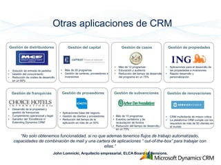 Otras aplicaciones de CRM

    Gestión de distribuidores                      Gestión del capital                       Gestión de casos                       Gestión de propiedades




                                                                                       •   Más de 12 programas                  •    Aplicaciones para el desarrollo de
•    Solución de entrada de pedidos         •    Más de 20 programas                   •   Educación y auditoría                     las propiedades e inversiones
•    Gestión del conocimiento               •    Gestión de carteras, proveedores e    •   Reducción del tiempo de desarrollo   •    Rápido desarrollo y
•    Reducción de costes de desarrollo           inversiones                               del programa en un 75%                    personalización
     en un 60%



     Gestión de franquicias                     Gestión de proveedores                Gestión de subvenciones                       Gestión de renovaciones



•    Desarrollo de la propiedad y
     gestión de franquicias                • Aplicaciones base del negocio
•    Cumplimiento operacional y legal      • Gestión de clientes y proveedores        • Más de 15 programas                     •    CRM multicliente de mision critica
•    Ganador del “Excellence in            • Reducción del tiempo de la               • Eventos caritativos y de                •    La plataforma CRM cumple con los
     Extending Dynamics CRM”                 aplicación en más de un 50%                recaudación de fondos                        requisitos de más de 50 clientes en
                                                                                      • Reducción del tiempo de desarrollo           el mundo
                                                                                        en un 75%

         “No solo obtenemos funcionalidad, si no que ademas tenemos flujos de trabajo automatizado,
      capacidades de combinación de mail y una cartera de aplicaciones “ out-of-the-box” para trabajar con
                                                   ellas.”
                                        John Lomnicki, Arquitecto empresarial, ELCA Board of Pensions.
 