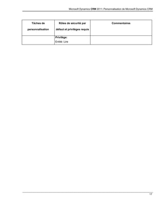 Microsoft Dynamics CRM 2011: Personnalisation de Microsoft Dynamics CRM
17
Tâches de
personnalisation
Rôles de sécurité par
défaut et privilèges requis
Commentaires
Privilège:
Entité: Lire
 
