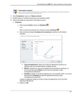 Microsoft Dynamics CRM 2011: Gérer les tableaux de bord système
195
4. Sous Composants, cliquez sur Tableaux de bord.
5. Double-cliquez sur le tableau de bord que vous souhaitez modifier.
6. Ajoutez davantage de composants à votre tableau de bord :
 Graphique
c. Dans le groupe Insérer, cliquez sur Graphique .
- ou -
Dans une zone de composant vide, cliquez sur bouton Graphique .
d. Dans la boîte de dialogue Concepteurs de composants, spécifiez les informations
suivantes :
 Type d’enregistrement. Cliquez sur le type d’enregistrement utilisé pour le
graphique que vous souhaitez ajouter au tableau de bord.
 Afficher. Cliquez sur la vue qui sera utilisée pour les données du graphique. La
zone de liste déroulante Afficher contient les vues associées au type
d’enregistrement sélectionné.
 Graphique. Cliquez sur le type de graphique que vous souhaitez insérer. La zone de
liste déroulante Graphique contient les graphiques associés au type
d’enregistrement sélectionné.
L’aperçu du graphique change en fonction du type d’enregistrement, de la vue et des
graphiques sélectionnés.
e. Cliquez sur OK.
 