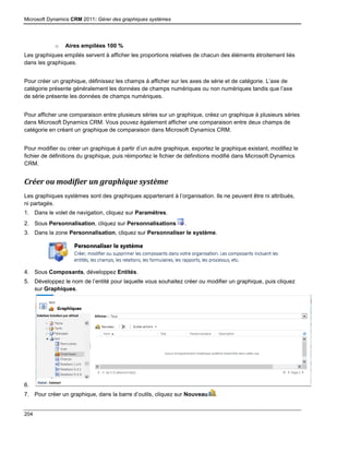 Microsoft Dynamics CRM 2011: Gérer des graphiques systèmes
204
o Aires empilées 100 %
Les graphiques empilés servent à afficher les proportions relatives de chacun des éléments étroitement liés
dans les graphiques.
Pour créer un graphique, définissez les champs à afficher sur les axes de série et de catégorie. L’axe de
catégorie présente généralement les données de champs numériques ou non numériques tandis que l’axe
de série présente les données de champs numériques.
Pour afficher une comparaison entre plusieurs séries sur un graphique, créez un graphique à plusieurs séries
dans Microsoft Dynamics CRM. Vous pouvez également afficher une comparaison entre deux champs de
catégorie en créant un graphique de comparaison dans Microsoft Dynamics CRM.
Pour modifier ou créer un graphique à partir d’un autre graphique, exportez le graphique existant, modifiez le
fichier de définitions du graphique, puis réimportez le fichier de définitions modifié dans Microsoft Dynamics
CRM.
Créer ou modifier un graphique système
Les graphiques systèmes sont des graphiques appartenant à l’organisation. Ils ne peuvent être ni attribués,
ni partagés.
1. Dans le volet de navigation, cliquez sur Paramètres.
2. Sous Personnalisation, cliquez sur Personnalisations .
3. Dans la zone Personnalisation, cliquez sur Personnaliser le système.
4. Sous Composants, développez Entités.
5. Développez le nom de l’entité pour laquelle vous souhaitez créer ou modifier un graphique, puis cliquez
sur Graphiques.
6.
7. Pour créer un graphique, dans la barre d’outils, cliquez sur Nouveau .
 