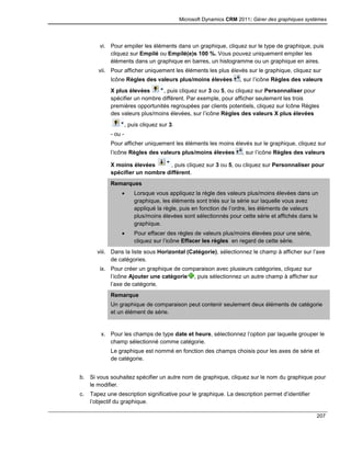 Microsoft Dynamics CRM 2011: Gérer des graphiques systèmes
207
vi. Pour empiler les éléments dans un graphique, cliquez sur le type de graphique, puis
cliquez sur Empilé ou Empilé(e)s 100 %. Vous pouvez uniquement empiler les
éléments dans un graphique en barres, un histogramme ou un graphique en aires.
vii. Pour afficher uniquement les éléments les plus élevés sur le graphique, cliquez sur
Icône Règles des valeurs plus/moins élevées , sur l’icône Règles des valeurs
X plus élevées , puis cliquez sur 3 ou 5, ou cliquez sur Personnaliser pour
spécifier un nombre différent. Par exemple, pour afficher seulement les trois
premières opportunités regroupées par clients potentiels, cliquez sur Icône Règles
des valeurs plus/moins élevées, sur l’icône Règles des valeurs X plus élevées
, puis cliquez sur 3.
- ou -
Pour afficher uniquement les éléments les moins élevés sur le graphique, cliquez sur
l’icône Règles des valeurs plus/moins élevées , sur l’icône Règles des valeurs
X moins élevées , puis cliquez sur 3 ou 5, ou cliquez sur Personnaliser pour
spécifier un nombre différent.
Remarques
 Lorsque vous appliquez la règle des valeurs plus/moins élevées dans un
graphique, les éléments sont triés sur la série sur laquelle vous avez
appliqué la règle, puis en fonction de l’ordre, les éléments de valeurs
plus/moins élevées sont sélectionnés pour cette série et affichés dans le
graphique.
 Pour effacer des règles de valeurs plus/moins élevées pour une série,
cliquez sur l’icône Effacer les règles en regard de cette série.
viii. Dans la liste sous Horizontal (Catégorie), sélectionnez le champ à afficher sur l’axe
de catégories.
ix. Pour créer un graphique de comparaison avec plusieurs catégories, cliquez sur
l’icône Ajouter une catégorie , puis sélectionnez un autre champ à afficher sur
l’axe de catégorie.
Remarque
 Un graphique de comparaison peut contenir seulement deux éléments de catégorie
et un élément de série.
x. Pour les champs de type date et heure, sélectionnez l’option par laquelle grouper le
champ sélectionné comme catégorie.
Le graphique est nommé en fonction des champs choisis pour les axes de série et
de catégorie.
b. Si vous souhaitez spécifier un autre nom de graphique, cliquez sur le nom du graphique pour
le modifier.
c. Tapez une description significative pour le graphique. La description permet d’identifier
l’objectif du graphique.
 