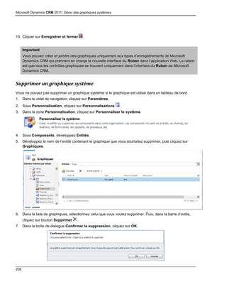 Microsoft Dynamics CRM 2011: Gérer des graphiques systèmes
208
10. Cliquer sur Enregistrer et fermer .
Important
Vous pouvez créer et joindre des graphiques uniquement aux types d’enregistrements de Microsoft
Dynamics CRM qui prennent en charge la nouvelle interface du Ruban dans l’application Web. La raison
est que tous les contrôles graphiques se trouvent uniquement dans l’interface du Ruban de Microsoft
Dynamics CRM.
Supprimer un graphique système
Vous ne pouvez pas supprimer un graphique système si le graphique est utilisé dans un tableau de bord.
1. Dans le volet de navigation, cliquez sur Paramètres.
2. Sous Personnalisation, cliquez sur Personnalisations .
3. Dans la zone Personnalisation, cliquez sur Personnaliser le système.
4. Sous Composants, développez Entités.
5. Développez le nom de l’entité contenant le graphique que vous souhaitez supprimer, puis cliquez sur
Graphiques.
6. Dans la liste de graphiques, sélectionnez celui que vous voulez supprimer. Puis, dans la barre d’outils,
cliquez sur bouton Supprimer .
7. Dans la boîte de dialogue Confirmer la suppression, cliquez sur OK.
 