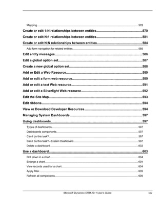 Mapping.......................................................................................................................................578
Create or edit 1:N relationships between entities....................................................579
Create or edit N:1 relationships between entities....................................................581
Create or edit N:N relationships between entities...................................................584
Add form navigation for related entities.......................................................................................585
Edit entity messages...................................................................................................586
Edit a global option set...............................................................................................587
Create a new global option set..................................................................................588
Add or Edit a Web Resource......................................................................................589
Add or edit a form web resource...............................................................................589
Add or edit a text Web resource................................................................................591
Add or edit a Silverlight Web resource.....................................................................592
Edit the Site Map.........................................................................................................593
Edit ribbons..................................................................................................................594
View or Download Developer Resources.................................................................594
Managing System Dashboards..................................................................................597
Using dashboards.......................................................................................................597
Types of dashboards...................................................................................................................597
Dashboards components.............................................................................................................597
Can I do this task?.......................................................................................................................597
Can I do this task?--System Dashboard......................................................................................597
Delete a dashboard.....................................................................................................................602
Use a dashboard.........................................................................................................603
Drill down in a chart.....................................................................................................................604
Enlarge a chart............................................................................................................................604
View records used for a chart......................................................................................................604
Apply filter....................................................................................................................................605
Refresh all components...............................................................................................................605
Microsoft Dynamics CRM 2011 User’s Guide xxv
 