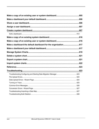 Make a copy of an existing user or system dashboard..........................................605
Make a dashboard your default dashboard..............................................................606
Share a user dashboard.............................................................................................606
Assign a user dashboard...........................................................................................607
Create a system dashboard.......................................................................................607
Edit a dashboard..........................................................................................................................612
Make a copy of an existing system dashboard........................................................616
Make a copy of an existing user or system dashboard..........................................616
Make a dashboard the default dashboard for the organization.............................617
Make a dashboard your default dashboard..............................................................617
Manage System Charts...............................................................................................619
Delete a system chart.................................................................................................621
Export a system chart.................................................................................................621
Import system charts..................................................................................................622
Reference.....................................................................................................................623
Troubleshooting..........................................................................................................623
Troubleshooting Configuring and Starting Data Migration Manager............................................623
File Upload Errors........................................................................................................................624
Data Upload Errors - Wizard Page..............................................................................................624
Turning on Trace.........................................................................................................................625
Common Error Messages............................................................................................................626
Conversion Errors - Wizard Page................................................................................................627
Troubleshooting Importing a Data Map........................................................................................627
Troubleshooting Bulk Deletion.....................................................................................................628
xxvi Microsoft Dynamics CRM 2011 User’s Guide
 