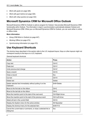 2011 User's Guide: Tips
• Work with goals (on page 326)
• Work with goal metrics (on page 326)
• Work with rollup queries (on page 332)
Microsoft Dynamics CRM for Microsoft Office Outlook
Microsoft Dynamics CRM for Outlook is add-on program for Outlook that provides Microsoft Dynamics CRM
functionality within Outlook. The information is kept in synchronization automatically between Outlook and
Microsoft Dynamics CRM. When you run Microsoft Dynamics CRM for Outlook, you can work either in online
or offline mode.
More information:
• Doing CRM Work in Outlook (on page 447)
• Working Offline (on page 473)
• Synchronizing Information (on page 472)
Use Keyboard Shortcuts
The shortcut keys described in this section refer to the U.S. keyboard layout. Keys on other layouts might not
correspond exactly to the keys on a U.S. keyboard.
General keyboard shortcuts
Action Press
Copy text Ctrl+C
Paste text Ctrl+V
Undo previous text change Ctrl+Z
Save a record Ctrl+S
Close a record Esc
Cut text Ctrl+X
Delete text Delete
Delete selected text immediately without putting it on the
Clipboard
Shift+Delete
Move to the first tab on the ribbon Ctrl+[
Move to the last tab on the ribbon Ctrl+]
Move the insertion point to the start of the next word Ctrl+Right Arrow
Move the insertion point to the start of the previous word Ctrl+Left Arrow
Select all text in the current field Ctrl+A
Display the System menu for the active window Alt+Spacebar
Display the shortcut menu for the selected item Shift+F10
Cancel the current task or command, or close a selected list or
dialog box
Esc
4
 