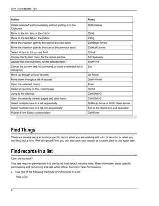 2011 User's Guide: Tips
Action Press
Delete selected text immediately without putting it on the
Clipboard
Shift+Delete
Move to the first tab on the ribbon Ctrl+[
Move to the last tab on the ribbon Ctrl+]
Move the insertion point to the start of the next word Ctrl+Right Arrow
Move the insertion point to the start of the previous word Ctrl+Left Arrow
Select all text in the current field Ctrl+A
Display the System menu for the active window Alt+Spacebar
Display the shortcut menu for the selected item Shift+F10
Cancel the current task or command, or close a selected list or
dialog box
Esc
Move up through a list of records Up Arrow
Move down through a list of records Down Arrow
Open the selected record Enter
Select all records on the current page Ctrl+A
Jump to the sitemap Ctrl+Shift+3
Open the recently viewed pages and view menu Ctrl+Shift+7
Select multiple rows in a list sequentially Shift+Up Arrow or Shift+Down Arrow
Select multiple rows in a list non-sequentially Tab to the check box and Spacebar
Publish Form Editor customization Ctrl+Enter
Find Things
There are several ways to locate a specific record when you are working with a list of records, or when you
are filling out a form. With Advanced Find, you can also save your search as a saved view to use again later.
Find records in a list
Can I do this task?
This task requires permissions that are found in all default security roles. More information about specific
permissions and performing this task while offline: Common Task Permissions
• Use one of the following methods to find records in a list:
Filter a list
8
 