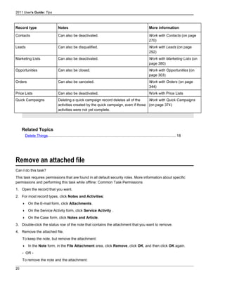 2011 User's Guide: Tips
Record type Notes More information
Contacts Can also be deactivated. Work with Contacts (on page
270)
Leads Can also be disqualified. Work with Leads (on page
292)
Marketing Lists Can also be deactivated. Work with Marketing Lists (on
page 380)
Opportunities Can also be closed. Work with Opportunities (on
page 303)
Orders Can also be canceled. Work with Orders (on page
344)
Price Lists Can also be deactivated. Work with Price Lists
Quick Campaigns Deleting a quick campaign record deletes all of the
activities created by the quick campaign, even if those
activities were not yet complete.
Work with Quick Campaigns
(on page 374)
Related Topics
Delete Things.............................................................................................................................18
Remove an attached file
Can I do this task?
This task requires permissions that are found in all default security roles. More information about specific
permissions and performing this task while offline: Common Task Permissions
1. Open the record that you want.
2. For most record types, click Notes and Activities:
 On the E-mail form, click Attachments.
 On the Service Activity form, click Service Activity .
 On the Case form, click Notes and Article.
3. Double-click the status row of the note that contains the attachment that you want to remove.
4. Remove the attached file.
To keep the note, but remove the attachment:
 In the Note form, in the File Attachment area, click Remove, click OK, and then click OK again.
- OR -
To remove the note and the attachment:
20
 