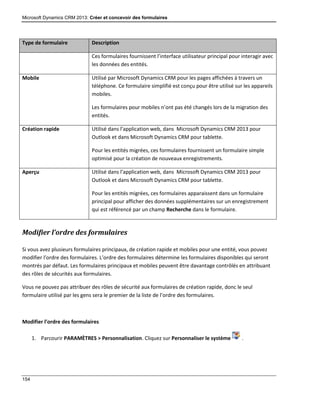 Microsoft Dynamics CRM 2013: Créer et concevoir des formulaires
154
Type de formulaire Description
Ces formulaires fournissent l’interface utilisateur principal pour interagir avec
les données des entités.
Mobile Utilisé par Microsoft Dynamics CRM pour les pages affichées à travers un
téléphone. Ce formulaire simplifié est conçu pour être utilisé sur les appareils
mobiles.
Les formulaires pour mobiles n’ont pas été changés lors de la migration des
entités.
Création rapide Utilisé dans l’application web, dans Microsoft Dynamics CRM 2013 pour
Outlook et dans Microsoft Dynamics CRM pour tablette.
Pour les entités migrées, ces formulaires fournissent un formulaire simple
optimisé pour la création de nouveaux enregistrements.
Aperçu Utilisé dans l’application web, dans Microsoft Dynamics CRM 2013 pour
Outlook et dans Microsoft Dynamics CRM pour tablette.
Pour les entités migrées, ces formulaires apparaissent dans un formulaire
principal pour afficher des données supplémentaires sur un enregistrement
qui est référencé par un champ Recherche dans le formulaire.
Modifier l’ordre des formulaires
Si vous avez plusieurs formulaires principaux, de création rapide et mobiles pour une entité, vous pouvez
modifier l’ordre des formulaires. L’ordre des formulaires détermine les formulaires disponibles qui seront
montrés par défaut. Les formulaires principaux et mobiles peuvent être davantage contrôlés en attribuant
des rôles de sécurités aux formulaires.
Vous ne pouvez pas attribuer des rôles de sécurité aux formulaires de création rapide, donc le seul
formulaire utilisé par les gens sera le premier de la liste de l’ordre des formulaires.
Modifier l’ordre des formulaires
1. Parcourir PARAMÈTRES > Personnalisation. Cliquez sur Personnaliser le système .
 