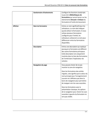 Microsoft Dynamics CRM 2013: Créer et concevoir des formulaires
171
Gestionnaire d’événements Configure les fonctions JavaScripts
issues de la Bibliothèques de
formulaires qui seront lancer sur les
événements OnLoad et OnSave du
formulaire et l’ordre de lancement.
Afficher Nom du formulaire Entrez un nom significatif pour les
utilisateurs. Le nom doit indiquer
quand utiliser le formulaire. Si vous
utilisez plusieurs formulaires
configurés pour l’entité, les
utilisateurs utiliseront ce nom pour
différencier entre les formulaires
disponibles.
Description Entrez une description qui explique
pourquoi ce formulaire est différent
des autres formulaires principaux.
Cette description est uniquement
montrée dans la liste des formulaires
de l’entité dans l’explorateur de
solution.
Navigation de page Vous pouvez choisir de ne pas
montrer la zone de navigation.
Dans les formulaires des entités
migrées, cela signifie que la valeur du
nom principal pour l’enregistrement
courant ne s’affichera pas dans la
barre de navigation pour permettre
de naviguer vers les vues associées.
Dans les formulaires avec la
présentation classique, les options
de la navigation pour choisir les vues
associées à gauche du formulaire ne
sera pas visible.
 