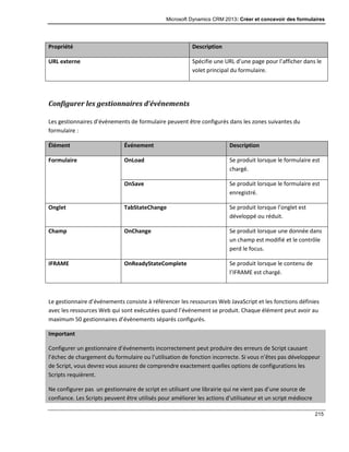 Microsoft Dynamics CRM 2013: Créer et concevoir des formulaires
215
Propriété Description
URL externe Spécifie une URL d’une page pour l’afficher dans le
volet principal du formulaire.
Configurer les gestionnaires d’événements
Les gestionnaires d’événements de formulaire peuvent être configurés dans les zones suivantes du
formulaire :
Élément Événement Description
Formulaire OnLoad Se produit lorsque le formulaire est
chargé.
OnSave Se produit lorsque le formulaire est
enregistré.
Onglet TabStateChange Se produit lorsque l’onglet est
développé ou réduit.
Champ OnChange Se produit lorsque une donnée dans
un champ est modifié et le contrôle
perd le focus.
IFRAME OnReadyStateComplete Se produit lorsque le contenu de
l’IFRAME est chargé.
Le gestionnaire d’événements consiste à référencer les ressources Web JavaScript et les fonctions définies
avec les ressources Web qui sont exécutées quand l’événement se produit. Chaque élément peut avoir au
maximum 50 gestionnaires d’évènements séparés configurés.
Important
Configurer un gestionnaire d’événements incorrectement peut produire des erreurs de Script causant
l’échec de chargement du formulaire ou l’utilisation de fonction incorrecte. Si vous n’êtes pas développeur
de Script, vous devrez vous assurez de comprendre exactement quelles options de configurations les
Scripts requièrent.
Ne configurer pas un gestionnaire de script en utilisant une librairie qui ne vient pas d’une source de
confiance. Les Scripts peuvent être utilisés pour améliorer les actions d’utilisateur et un script médiocre
 