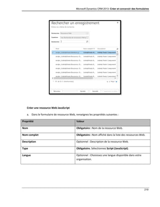 Microsoft Dynamics CRM 2013: Créer et concevoir des formulaires
219
Créer une ressource Web JavaScript
a. Dans le formulaire de ressource Web, renseignez les propriétés suivantes :
Propriété Valeur
Nom Obligatoire : Nom de la ressource Web.
Nom complet Obligatoire : Nom affiché dans la liste des ressources Web.
Description Optionnel : Description de la ressource Web.
Type Obligatoire. Sélectionnez Script (JavaScript).
Langue Optionnel : Choisissez une langue disponible dans votre
organisation.
 