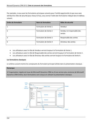 Microsoft Dynamics CRM 2013: Créer et concevoir des formulaires
232
Par exemple, si vous avez les formulaires principaux suivants pour l’entité opportunité et que vous avez
attribué les rôles de sécurité pour chacun d’eux, vous verrez l’ordre des formulaires indiqué dans le tableau
suivant.
Ordre du formulaire Nom du formulaire Rôles de sécurité
1 Formulaire de Vente 1 Vendeur
2 Formulaire de Vente 2 Vendeur et responsable des
ventes
3 Formulaire de Vente 3 Responsable des ventes
4 Formulaire de Vente 4 Directeur des ventes
 Les utilisateurs avec le rôle de Vendeur verront toujours le Formulaire de Vente 1.
 Les utilisateurs avec le rôle de Responsable des ventes verront toujours le Formulaire de Vente 2.
 Les utilisateurs avec le rôle de Directeur des ventes verront toujours le Formulaire de Vente 4.
Les formulaires classiques
Le schéma suivant montre les composants du formulaire principal utilisés dans la présentation classique.
Remarque
Si l’organisation migrée est issue de Microsoft Dynamics CRM ou d’une version plus ancienne de Microsoft
Dynamics CRM Online, leurs formulaires sont conçus en utilisant la présentation classique.
 