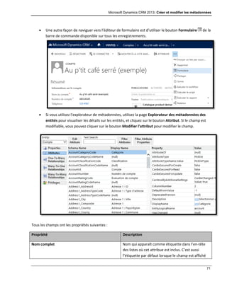 Microsoft Dynamics CRM 2013: Créer et modifier les métadonnées
71
 Une autre façon de naviguer vers l’éditeur de formulaire est d’utiliser le bouton Formulaire de la
barre de commande disponible sur tous les enregistrements.
 Si vous utilisez l’explorateur de métadonnées, utilisez la page Explorateur des métadonnées des
entités pour visualiser les détails sur les entités, et cliquez sur le bouton Attribut. Si le champ est
modifiable, vous pouvez cliquer sur le bouton Modifier l’attribut pour modifier le champ.
Tous les champs ont les propriétés suivantes :
Propriété Description
Nom complet Nom qui apparaît comme étiquette dans l’en-tête
des listes où cet attribue est inclus. C’est aussi
l’étiquette par défaut lorsque le champ est affiché
 