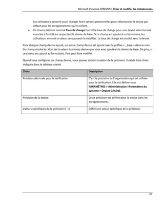 Microsoft Dynamics CRM 2013: Créer et modifier les métadonnées
81
Les utilisateurs peuvent aussi changer leurs options personnelles pour sélectionner la devise par
défaut pour les enregistrements qu’ils créent.
 Un champ décimal nommé Taux de change fournit le taux de change pour une devise sélectionnée
associée à l’entité en respectant la devise de base. Si ce champ est ajouté à un formulaire, les
utilisateurs verront la valeur sans pouvoir la modifier. Le taux de change est stocké avec la devise.
Pour chaque champ devise ajouté, un autre champ devise est ajouté avec le préfixe « _base » dans le nom.
Ce champ stocke le calcul de la valeur du champ devise que vous avez ajouté et la devise de base. De plus, si
ce champ est ajouté au formulaire, il ne peut être modifié.
Quand vous configurez un champ devise, vous pouvez choisir la valeur de la précision. Il existe trois choix
indiqués dans le tableau suivant.
Choix Description
Précision décimale pour la tarification C’est la précision de l’organisation qui est utilisée
pour la tarification. Elle est définie sous
PARAMÈTRES > Administration >Paramètres du
système > Onglet Général.
Précision de la devise Cette précision est définie pour la devise dans les
enregistrements.
Valeurs spécifiques de la précision 0 - 4 Défini une valeur spécifique de la précision.
 
