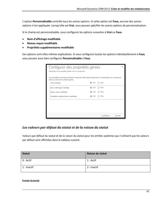 Microsoft Dynamics CRM 2013: Créer et modifier les métadonnées
87
L’option Personnalisable contrôle tous les autres options. Si cette option est Faux, aucune des autres
options n’est appliquée. Lorsqu’elle est Vrai, vous pouvez spécifier les autres options de personnalisation.
Si le champ est personnalisable, vous configurez les options suivantes à Vrai ou Faux.
 Nom d’affichage modifiable
 Niveau requis modifiable
 Propriétés supplémentaires modifiable
Ces options sont elles-mêmes explicatives. Si vous configurez toutes les options individuellement à Faux,
vous pouvez aussi bien configurer Personnalisable à Faux.
Les valeurs par défaut du statut et de la raison du statut
Valeurs par défaut du statut et de la raison du statut pour les entités systèmes qui n’utilisent pas les valeurs
par défaut sont affichées dans le tableau suivant.
Statut Raison du statut
0 : Actif 1 : Actif
1 : Inactif 2 : Inactif
Entité Activité
 