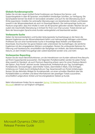 15
Microsoft Dynamics CRM 2015
Release Preview Guide
Globale Kundenansprache
Stellen Sie mit den neuen Unified-Portal-Funktionen von Parature Ihre Service- und
Supportangebote in über 40 Sprachen, einschließlich linksläufiger Schriften, zur Verfügung. Die
Sprachpakete können Sie direkt im Servicedesk verwalten und auch für die Übersetzung durch
Dritte exportieren. Erstellen Sie verknüpfte Übersetzungen von bestehenden Artikeln und Dateien
sowohl in der Wissensdatenbank als auch im Download-Bereich. Die mehrsprachige Suche von
Parature sorgt dafür, dass Ihre Inhalte in mehr als 40 Sprachen gefunden werden. Machen Sie sich
zudem die maschinelle Übersetzung in Echtzeit für Ihren Live-Chat zunutze. Tickets können auf
Basis der bevorzugten Sprache eines Kunden weitergeleitet und beantwortet werden.
Verbesserte Suche
Geben Sie Servicemitarbeitern und Kunden leistungsstarke Suchwerkzeuge an die Hand, die
bessere Ergebnisse aus der Wissensdatenbank liefern und mehrsprachige Abfragen unterstützen.
Profitieren Sie von einer kombinierten Suche in Knowledge-Base-Artikeln und Materialien-
Downloads. Durchsuchen Sie ganze Dateien oder unterstützen Sie Suchabfragen, die sämtliche
Ergebnisse mit den eingegebenen Wörtern zurückgeben. Nutzen Sie umfassende Optionen für
Filterung und Facettensuche, einschließlich der Rangfolge von Artikeln, des Dokumententyps, des
Datums, an dem Inhalte hinzugefügt oder zuletzt bearbeitet worden sind, und mehr.
Verbessertes Reporting
Nutzen Sie die neuen Berichtsfunktionen, um die Interaktionen von Kunden während ihres Besuchs
auf Ihrem Supportportal auszuwerten. Die folgenden Portalkennzahlen werden für jeden Portal-
Alias sowohl im Standard- als auch Premium-Reporting erfasst, wenn für einen Parature-Bereich
die Option „Poly-Portal” aktiviert wurde: Seitenaufrufe, Artikelaufrufe pro Tag, Suchabfragen,
Portalaktivität, Serviceanfragen, übermittelte Tickets, übermittelte E-Mails, Chat-Anfragen,
Umleitung von Tickets durch Artikelaufrufe pro Tag, Gesamtanzahl von Portal-Umleitungen.
Nutzen Sie das Aktivitäts-Widget für Kundenportale, um einen schnellen Überblick über die
Portalaktivitäten zu erhalten und diese Informationen den jeweiligen Tickets zuzuordnen,
einschließlich aufgerufener Artikel und heruntergeladener Dateien je Kunde.
Mehr Informationen finden Sie im separaten Spring ‘15 Release Preview Guide für Parature, von
Microsoft (derzeit nur auf Englisch verfügbar).
 