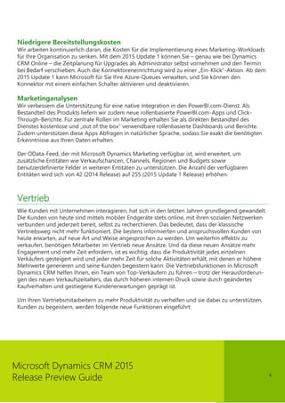 6
Microsoft Dynamics CRM 2015
Release Preview Guide
Niedrigere Bereitstellungskosten
Wir arbeiten kontinuierlich daran, die Kosten für die Implementierung eines Marketing-Workloads
für Ihre Organisation zu senken. Mit dem 2015 Update 1 können Sie – genau wie bei Dynamics
CRM Online – die Zeitplanung für Upgrades als Administrator selbst vornehmen und den Termin
bei Bedarf verschieben. Auch die Konnektoreneinrichtung wird zu einer „Ein-Klick“-Aktion. Ab dem
2015 Update 1 kann Microsoft für Sie Ihre Azure-Queues verwalten, und Sie können den
Konnektor mit einem einfachen Schalter aktivieren und deaktivieren.
Marketinganalysen
Wir verbessern die Unterstützung für eine native Integration in den PowerBI.com-Dienst. Als
Bestandteil des Produkts liefern wir zudem neue rollenbasierte PowerBI.com-Apps und Click-
Through-Berichte. Für zentrale Rollen im Marketing erhalten Sie als direkten Bestandteil des
Dienstes kostenlose und „out of the box” verwendbare rollenbasierte Dashboards und Berichte.
Zudem unterstützen diese Apps Abfragen in natürlicher Sprache, sodass Sie exakt die benötigten
Erkenntnisse aus Ihren Daten erhalten.
Der OData-Feed, der mit Microsoft Dynamics Marketing verfügbar ist, wird erweitert, um
zusätzliche Entitäten wie Verkaufschancen, Channels, Regionen und Budgets sowie
benutzerdefinierte Felder in weiteren Entitäten zu unterstützen. Die Anzahl der verfügbaren
Entitäten wird sich von 42 (2014 Release) auf 255 (2015 Update 1 Release) erhöhen.
Vertrieb
Wie Kunden mit Unternehmen interagieren, hat sich in den letzten Jahren grundlegend gewandelt.
Die Kunden von heute sind mittels mobiler Endgeräte stets online, mit ihren sozialen Netzwerken
verbunden und jederzeit bereit, selbst zu recherchieren. Das bedeutet, dass der klassische
Vertriebsweg nicht mehr funktioniert. Die bestens informierten und anspruchsvollen Kunden von
heute erwarten, auf neue Art und Weise angesprochen zu werden. Um weiterhin effektiv zu
verkaufen, benötigen Mitarbeiter im Vertrieb neue Ansätze. Und da diese neuen Ansätze mehr
Engagement und mehr Zeit erfordern, ist es wichtig, dass die Produktivität jedes einzelnen
Verkäufers gesteigert wird und jeder mehr Zeit für solche Aktivitäten erhält, mit denen er höhere
Mehrwerte generieren und seine Kunden begeistern kann. Die Vertriebsfunktionen in Microsoft
Dynamics CRM helfen Ihnen, ein Team von Top-Verkäufern zu führen – trotz der Herausforderun-
gen des neuen Verkaufszeitalters, das durch höheren internen Druck sowie durch geändertes
Kaufverhalten und gestiegene Kundenerwartungen geprägt ist.
Um Ihren Vertriebsmitarbeitern zu mehr Produktivität zu verhelfen und sie dabei zu unterstützen,
Kunden zu begeistern, werden folgende neue Funktionen eingeführt:
 