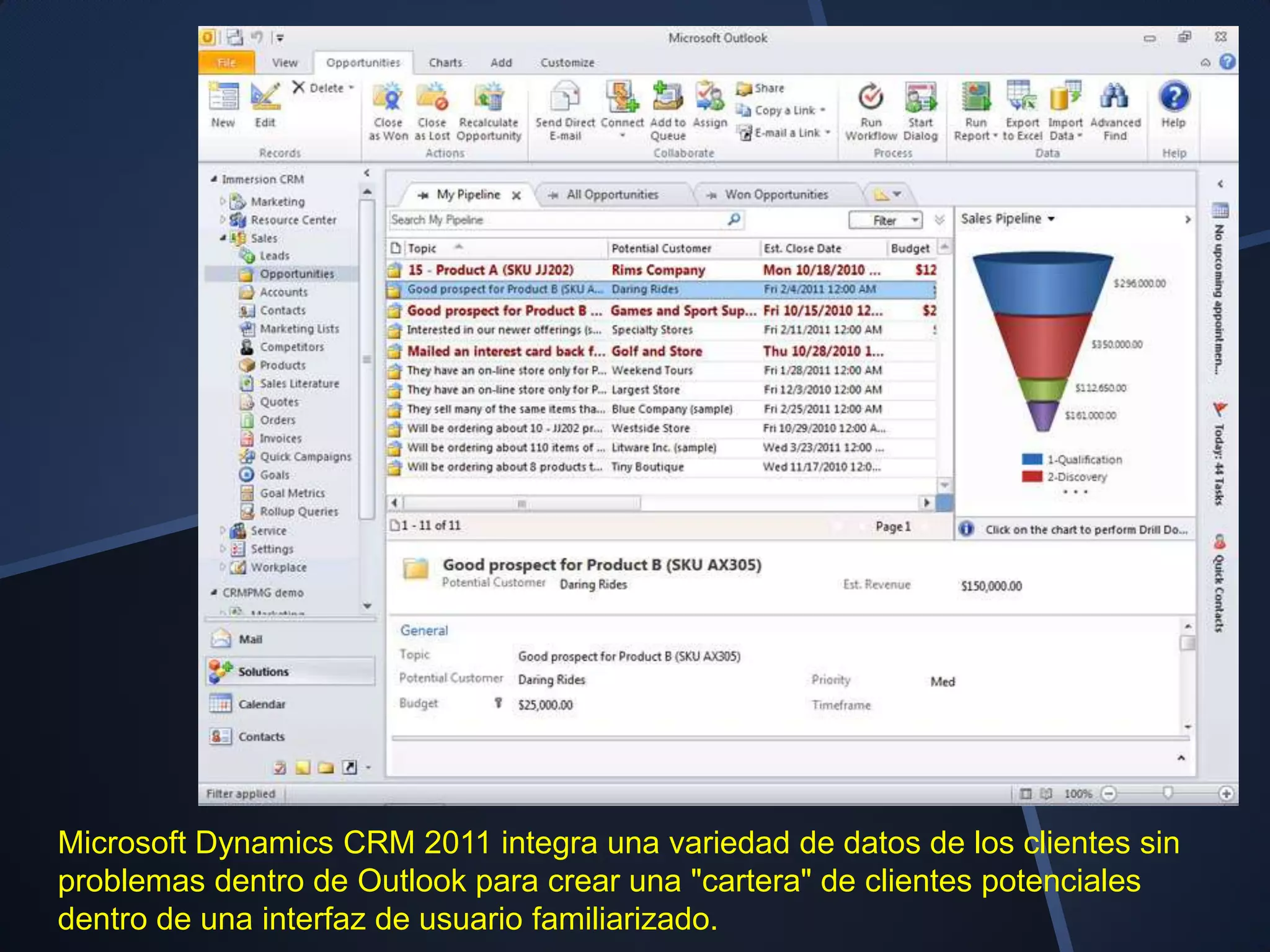 Microsoft Dynamics CRM 2011 integra una variedad de datos de los clientes sin
problemas dentro de Outlook para crear una "cartera" de clientes potenciales
dentro de una interfaz de usuario familiarizado.
 