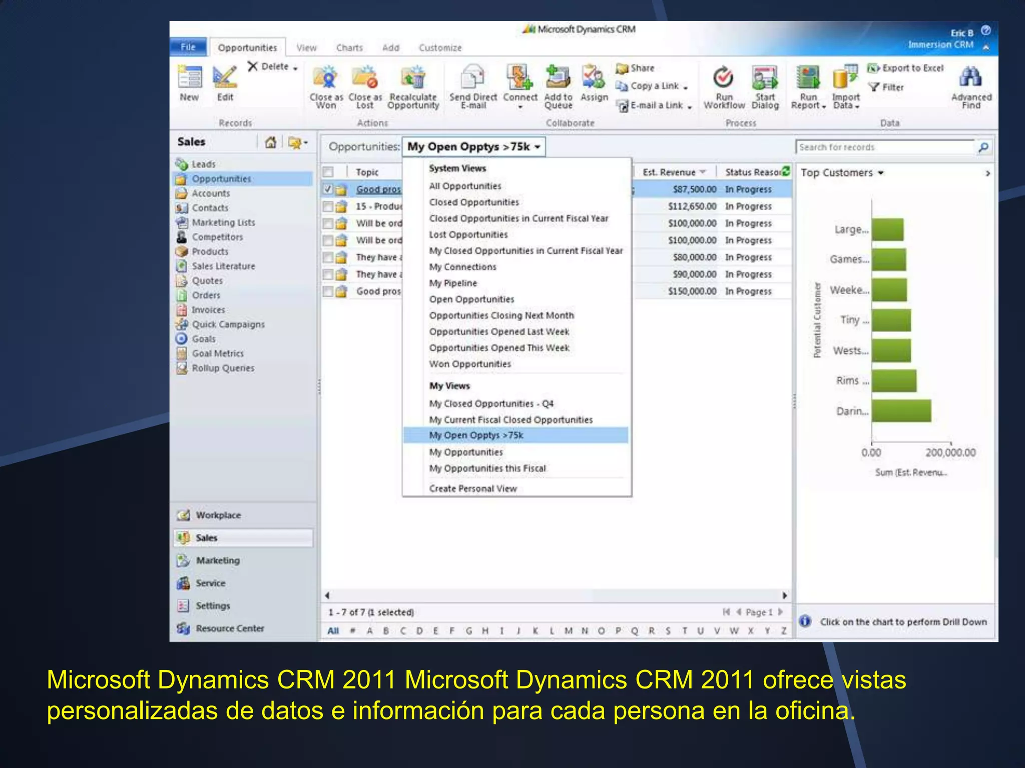 Microsoft Dynamics CRM 2011 Microsoft Dynamics CRM 2011 ofrece vistas
personalizadas de datos e información para cada persona en la oficina.
 