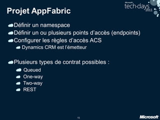 15
Projet AppFabric
Définir un namespace
Définir un ou plusieurs points d’accès (endpoints)
Configurer les règles d’accès ACS
Dynamics CRM est l’émetteur
Plusieurs types de contrat possibles :
Queued
One-way
Two-way
REST
 