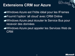 23
Extensions CRM sur Azure
Windows Azure est l’hôte idéal pour les IFrames
Fournit l’option ‘all cloud’ avec CRM Online
Windows Azure peut écouter le Service Bus pour
recevoir des données
Windows Azure peut appeler les Services Web de
CRM
 