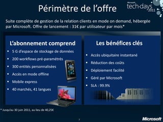 7
Périmètre de l’offre
Suite complète de gestion de la relation clients en mode on demand, hébergée
par Microsoft. Offre de lancement : 31€ par utilisateur par mois*
 Accès ubiquitaire instantané
 Réduction des coûts
 Déploiement facilité
 Géré par Microsoft
 SLA : 99.9%
 5 G d’espace de stockage de données
 200 workflows pré-paramétrés
 300 entités personnalisées
 Accès en mode offline
 Mobile express
 40 marchés, 41 langues
L’abonnement comprend Les bénéfices clés
* Jusqu’au 30 juin 2011, au lieu de 40,25€
 