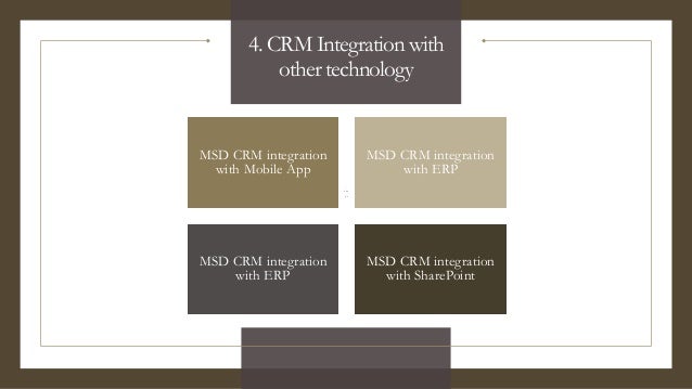 4. CRM Integration with
other technology
MSD CRM integration
with Mobile App
MSD CRM integration
with ERP
MSD CRM integration
with ERP
MSD CRM integration
with SharePoint
 