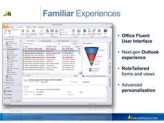Familiar Experiences

                   • Office Fluent
                     User Interface

                   • Next-gen Outlook
                     experience

                   • RoleTailored
                     forms and views

                   • Advanced
                     personalization
 