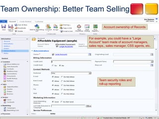 Team Ownership: Better Team Selling

                                  Account ownership of Records


                        For example, you could have a “Large
                        Account” team made of account managers,
                        sales reps., sales manager, CSS agents, etc.




                               Team security roles and
                               roll-up reporting
 