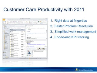 Customer Care Productivity with 2011

                    1. Right data at fingertips
                    2. Faster Problem Resolution
                    3. Simplified work management
                    4. End-to-end KPI tracking
 