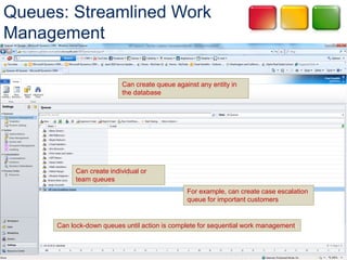 Queues: Streamlined Work
Management

                           Can create queue against any entity in
                           the database




            Can create individual or
            team queues
                                                For example, can create case escalation
                                                queue for important customers


      Can lock-down queues until action is complete for sequential work management
 