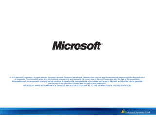 © 2010 Microsoft Corporation. All rights reserved. Microsoft, Microsoft Dynamics, the Microsoft Dynamics logo, and [list other trademarks] are trademarks of the Microsoft group
     of companies. The information herein is for informational purposes only and represents the current view of Microsoft Corporation as of the date of this presentation.
   Because Microsoft must respond to changing market conditions, it should not be interpreted to be a commitment on the part of Microsoft, and Microsoft cannot guarantee
                                                   the accuracy of any information provided after the date of this presentation.
                 MICROSOFT MAKES NO WARRANTIES, EXPRESS, IMPLIED OR STATUTORY, AS TO THE INFORMATION IN THIS PRESENTATION.
 