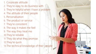 1. Corporate attitude
2. They’re easy to do business with
3. They’re helpful when I have a problem
4. The attitude of their people
5. Personalisation
6. The product or service
7. They’re consistent
8. The way it makes me feel
9. The way they treat me
10.They’re reliable
11.They do what they promise
12.They’re quick
13.The technical knowledge of their people
 