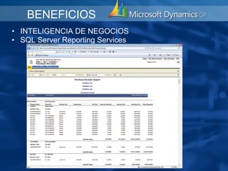 BENEFICIOS
• INTELIGENCIA DE NEGOCIOS
• SQL Server Reporting Services
 