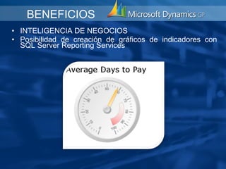 BENEFICIOS
• INTELIGENCIA DE NEGOCIOS
• Posibilidad de creación de gráficos de indicadores con
  SQL Server Reporting Services
 