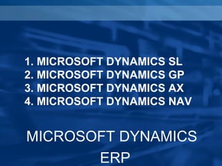 1. MICROSOFT DYNAMICS SL
2. MICROSOFT DYNAMICS GP
3. MICROSOFT DYNAMICS AX
4. MICROSOFT DYNAMICS NAV


MICROSOFT DYNAMICS
       ERP
 