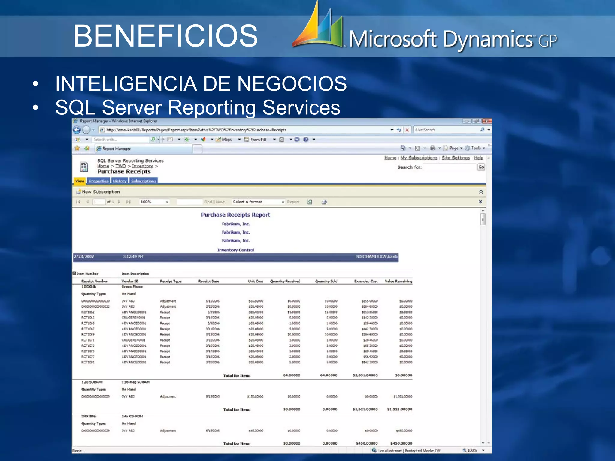   INTELIGENCIA DE NEGOCIOS SQL Server Reporting Services     BENEFICIOS 