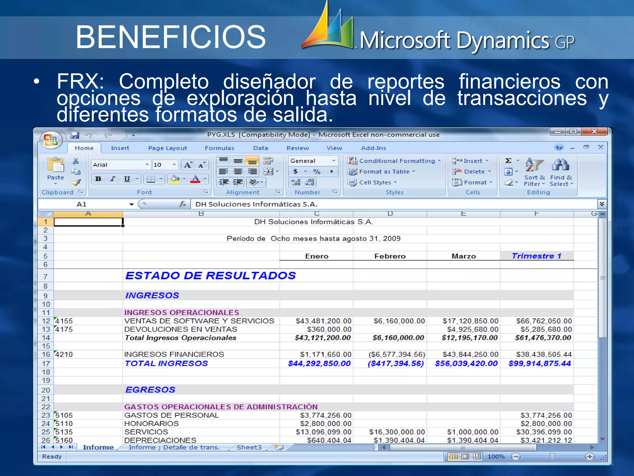   FRX: Completo diseñador de reportes financieros con opciones de exploración hasta nivel de transacciones y diferentes formatos de salida.     BENEFICIOS 