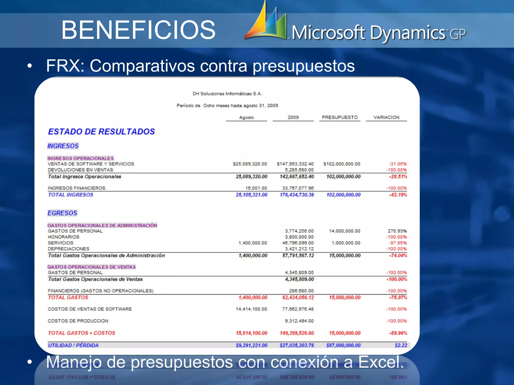   FRX: Comparativos contra presupuestos Manejo de presupuestos con conexión a Excel.     BENEFICIOS 