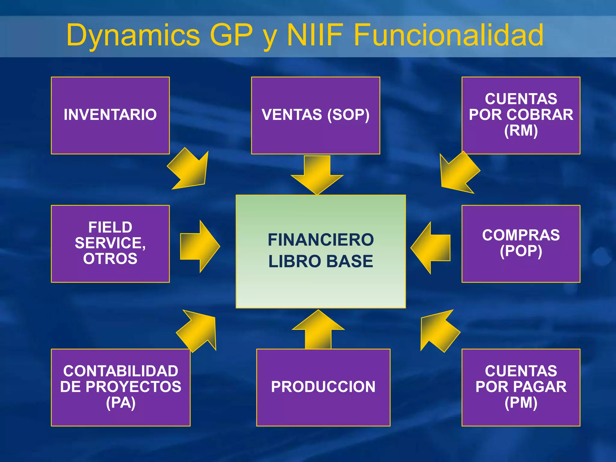 Dynamics GP y NIIF Funcionalidad
INVENTARIO

FIELD
SERVICE,
OTROS

CONTABILIDAD
DE PROYECTOS
(PA)

VENTAS (SOP)

FINANCIERO
LIBRO BASE

PRODUCCION

CUENTAS
POR COBRAR
(RM)

COMPRAS
(POP)

CUENTAS
POR PAGAR
(PM)

 