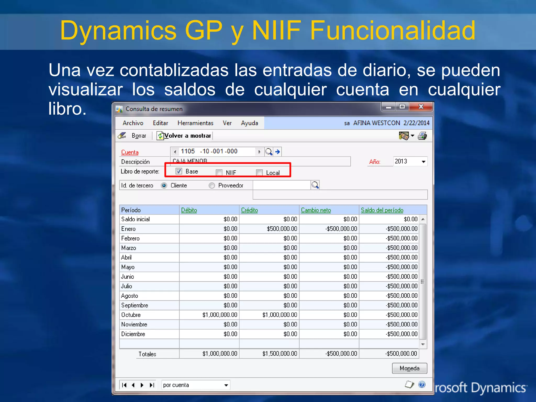 Dynamics GP y NIIF Funcionalidad
Una vez contablizadas las entradas de diario, se pueden
visualizar los saldos de cualquier cuenta en cualquier
libro.

 