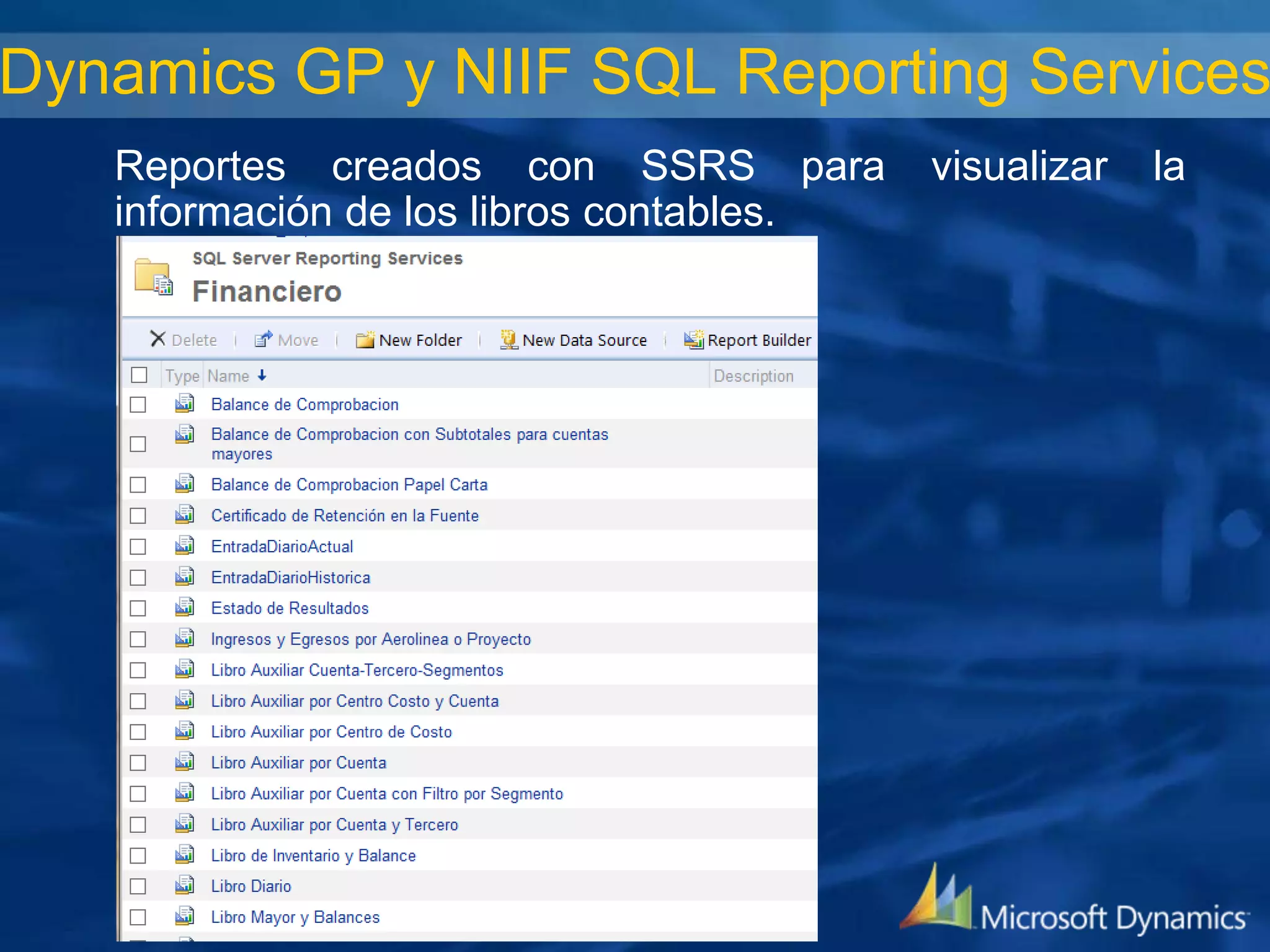 Dynamics GP y NIIF SQL Reporting Services
Reportes creados con SSRS para
información de los libros contables.

visualizar

la

 