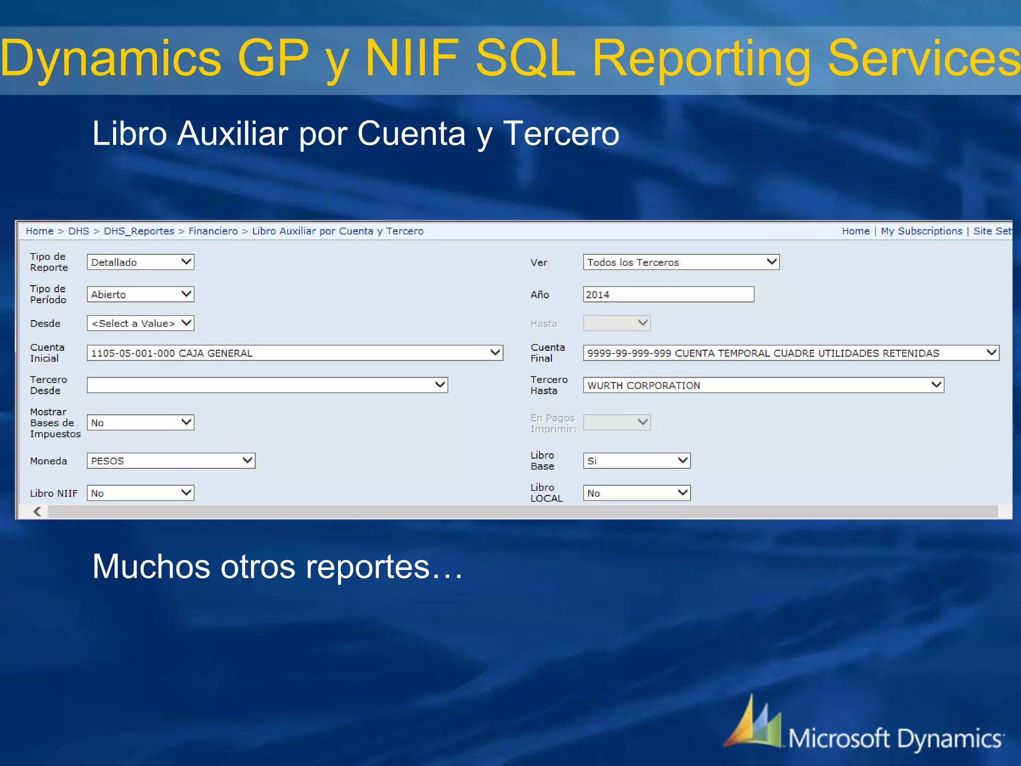 Dynamics GP y NIIF SQL Reporting Services
Libro Auxiliar por Cuenta y Tercero

Muchos otros reportes…

 