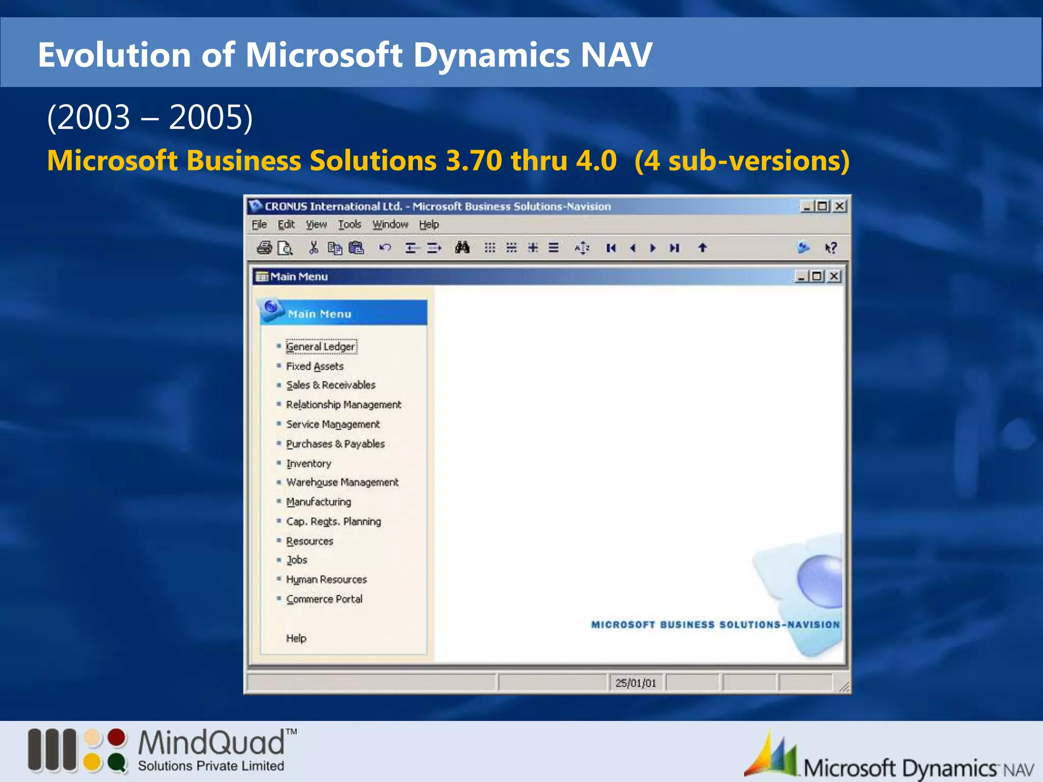 Evolution of Microsoft Dynamics NAV(2003 – 2005)Microsoft Business Solutions 3.70 thru 4.0  (4 sub-versions) 