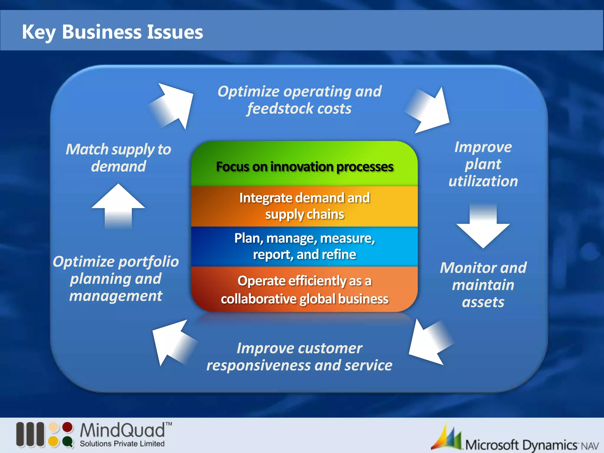 Key Business IssuesOptimize operating and feedstock costsMatch supply to demandImprove plant utilizationFocus on innovation processesIntegrate demand and supply chainsPlan, manage, measure, report, and refineOptimize portfolio planning and managementMonitor and maintain assetsOperate efficiently as a collaborative global businessImprove customer responsiveness and service